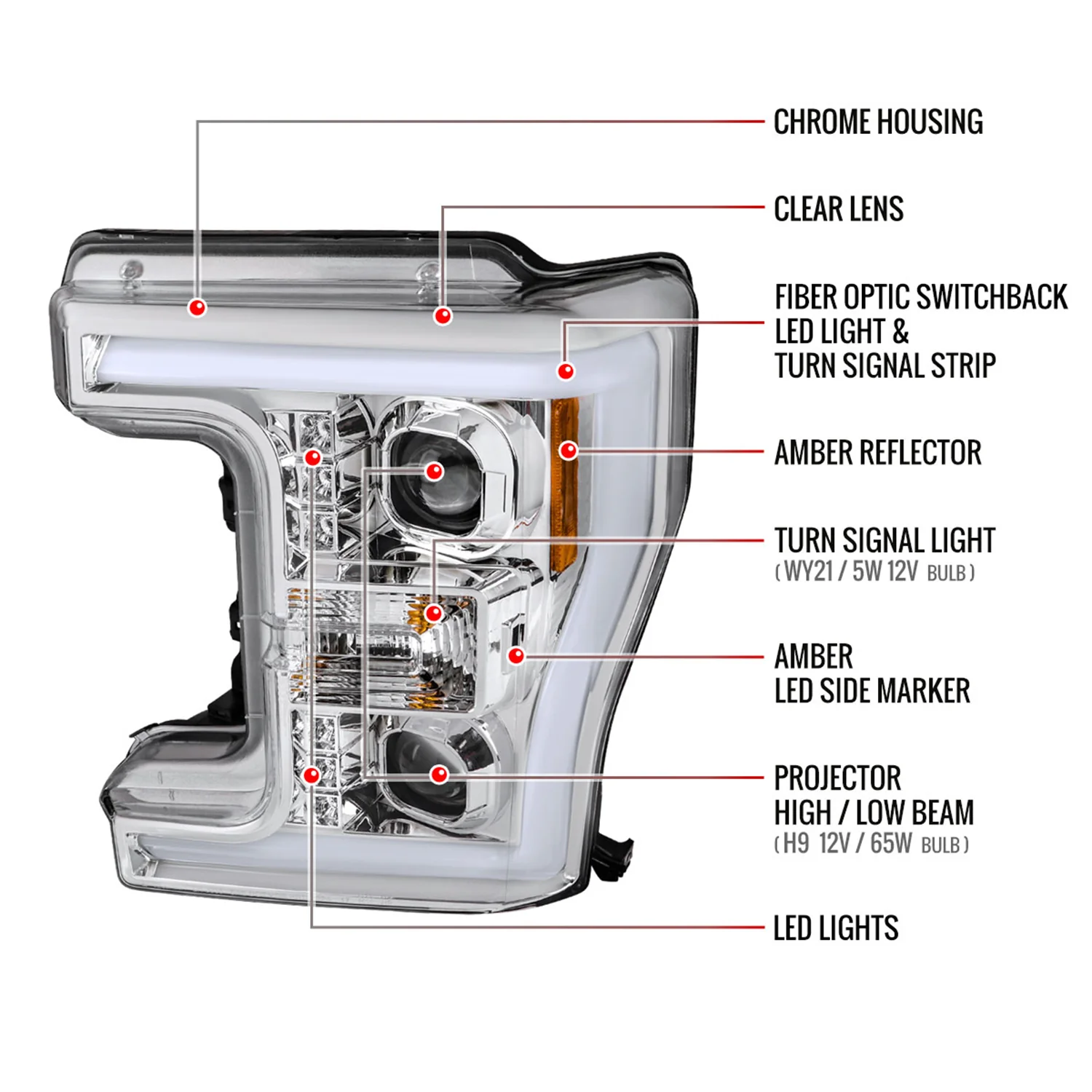 2017-2019 Ford F-250 F-350 F-450 F-550 LED C-Bar Projector Headlights Chrome - Image 8