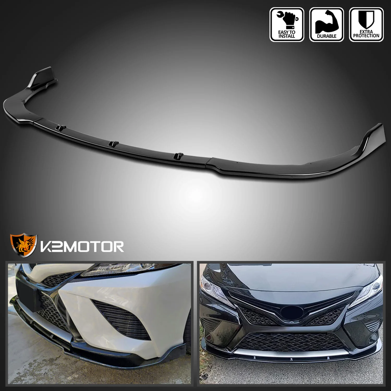 2018-2020 Toyota Camry SE/XSE/LE/XLE Glossy Black 3Pcs Bumper Lip Spoiler - Image 2
