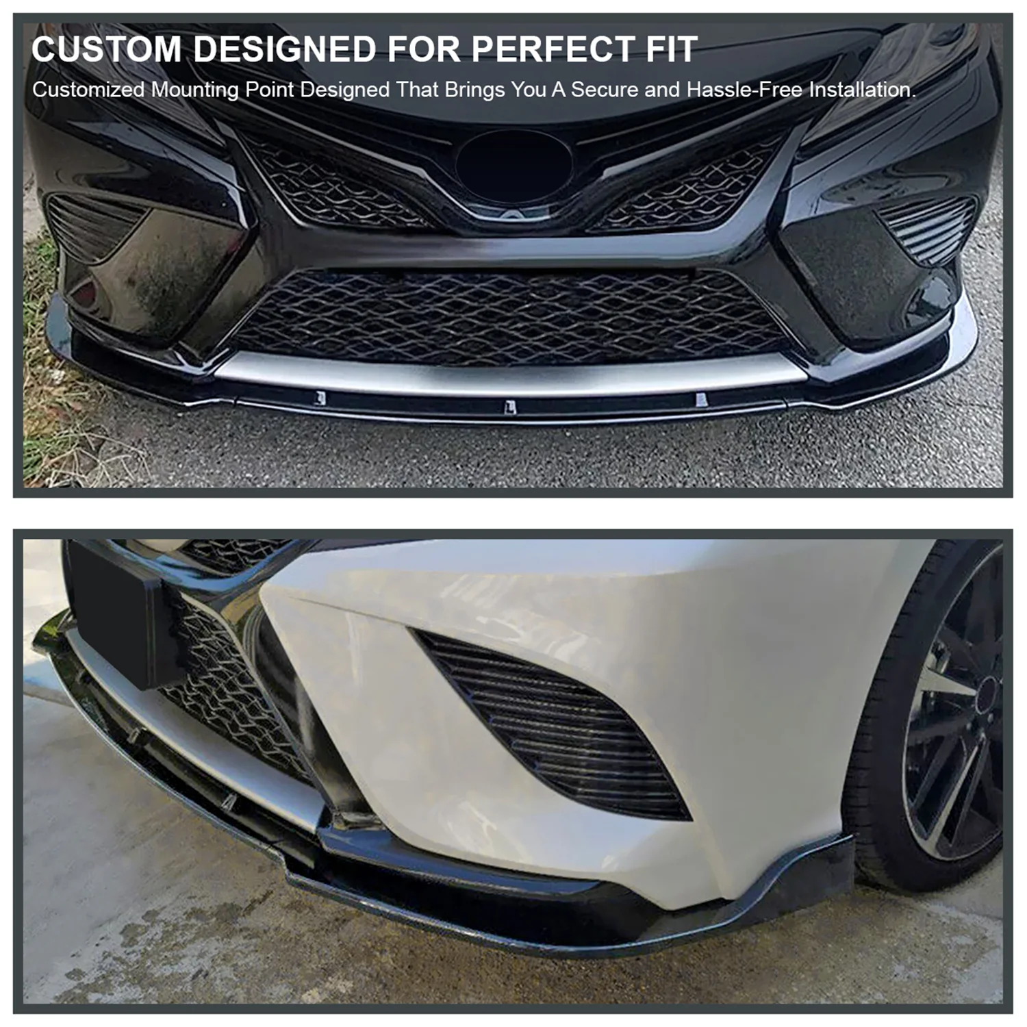 2018-2020 Toyota Camry SE/XSE/LE/XLE Glossy Black 3Pcs Bumper Lip Spoiler - Image 9