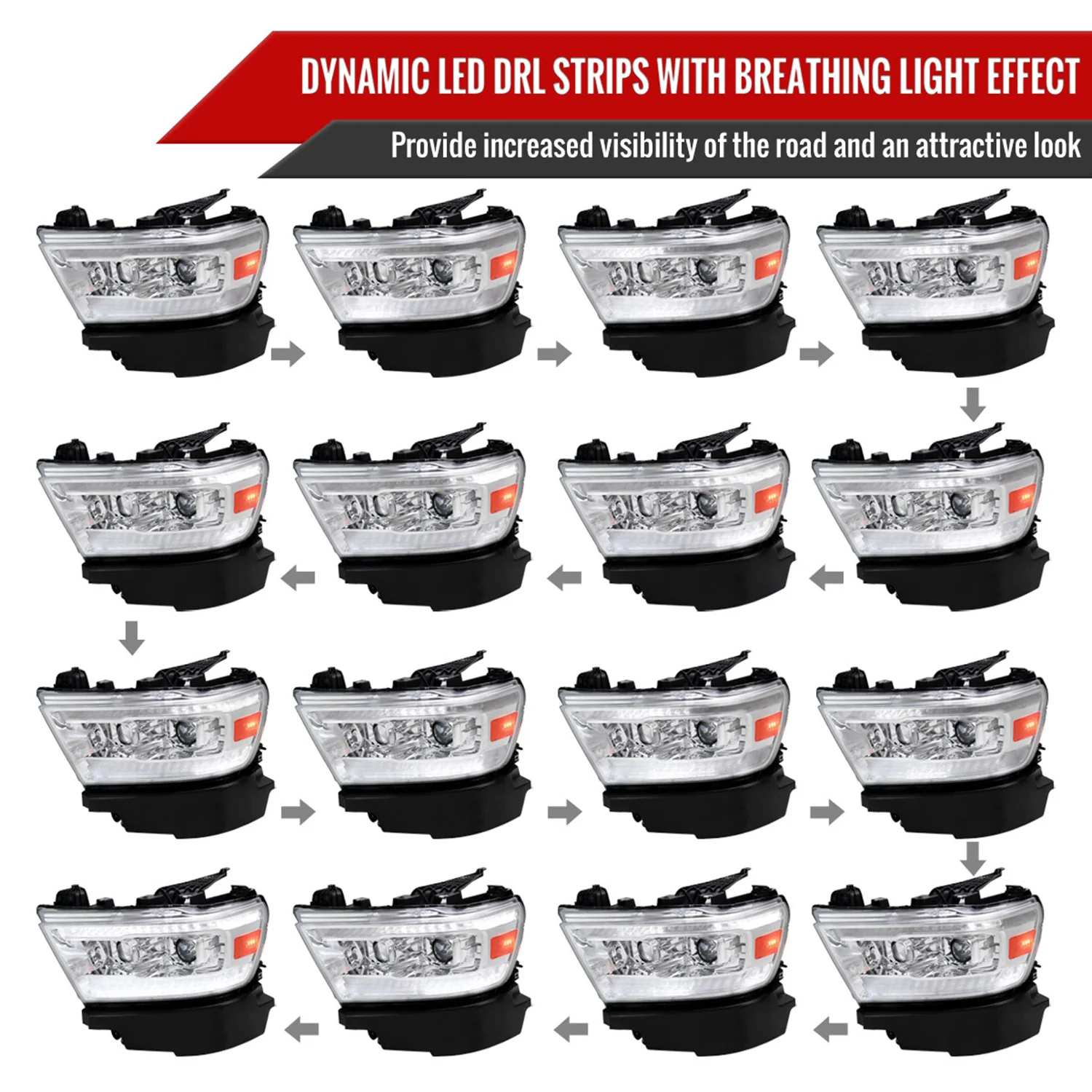 2019-2024 Dodge RAM 1500 LED Turn Signal Projector Headlights Chrome - Image 3
