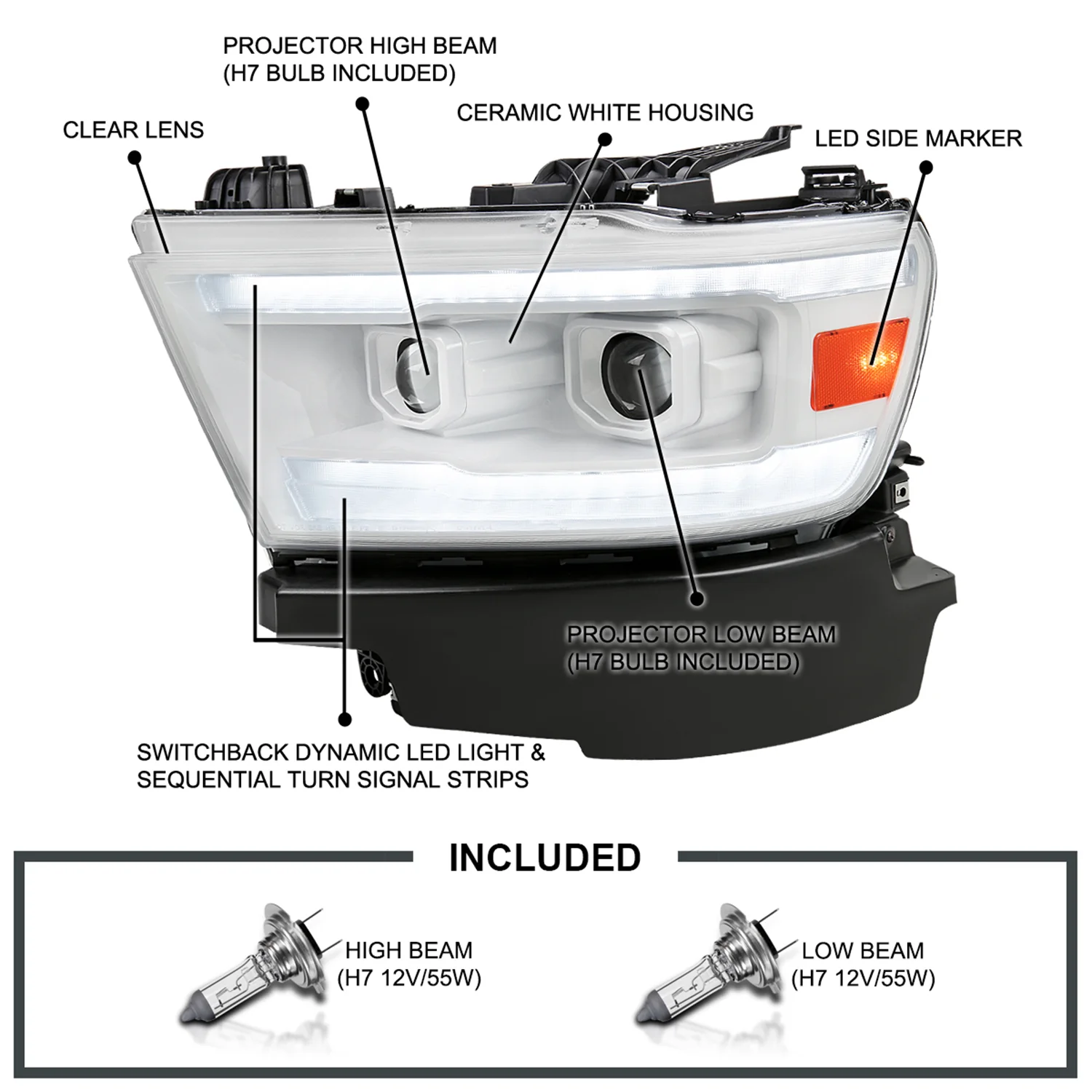 2019-2024 Dodge RAM 1500 LED Turn Signal Projector Headlights White Housing - Image 5