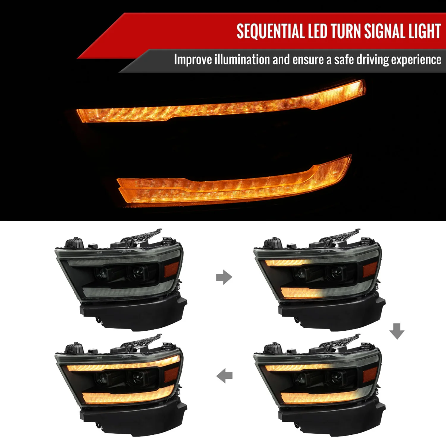 2019-2024 Dodge RAM 1500 Sequential LED Turn Signal Projector Headlights Smoke - Image 2