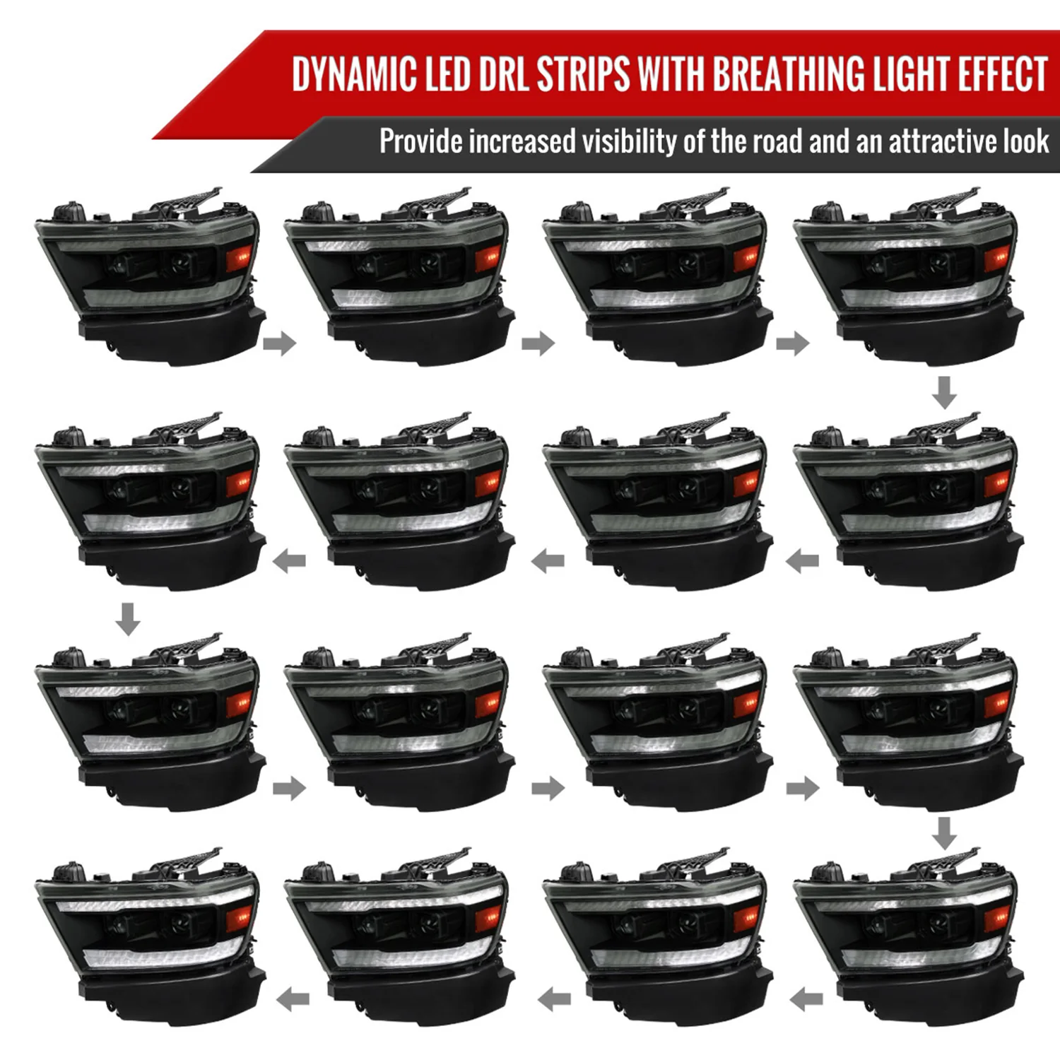 2019-2024 Dodge RAM 1500 Sequential LED Turn Signal Projector Headlights Smoke - Image 3