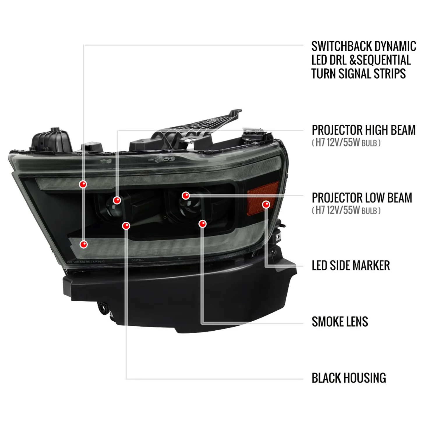 2019-2024 Dodge RAM 1500 Sequential LED Turn Signal Projector Headlights Smoke - Image 9