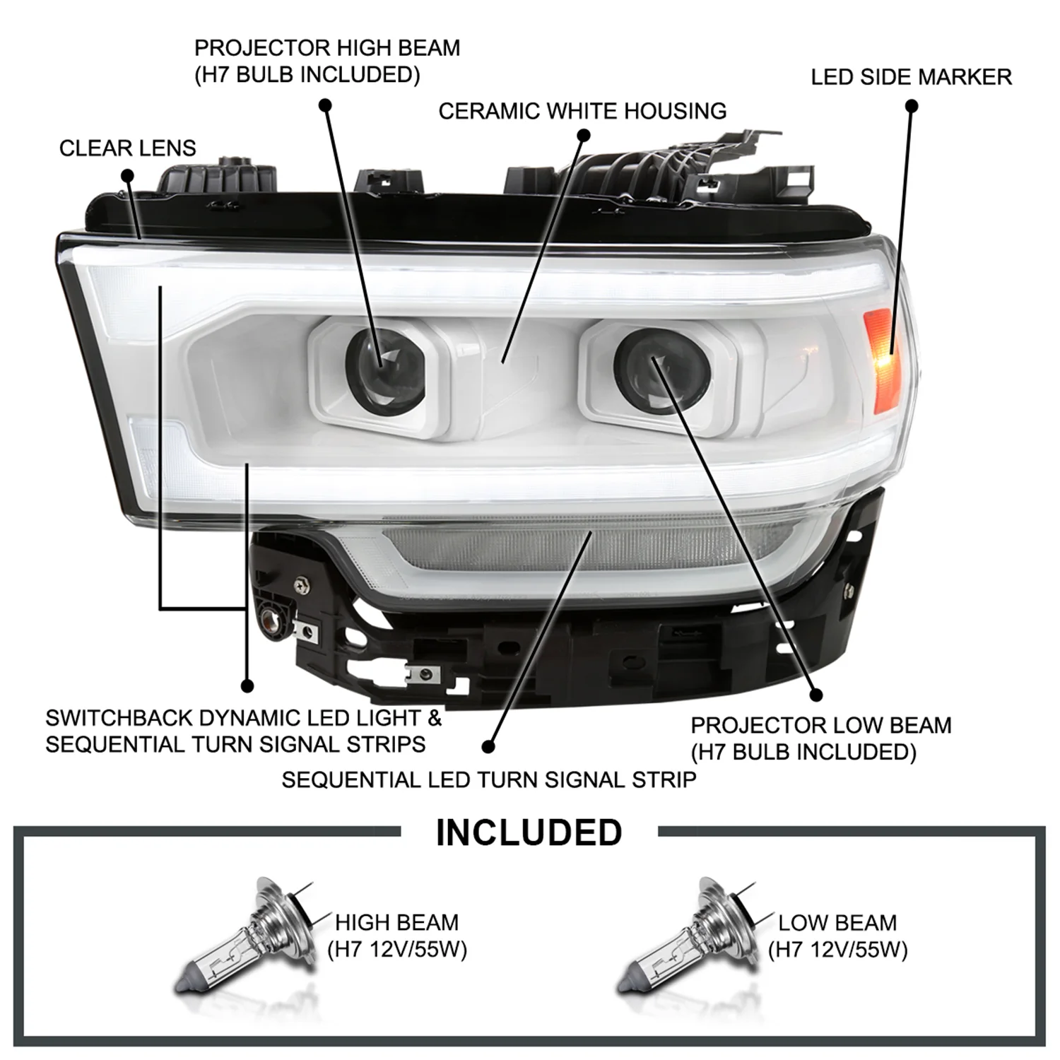 2019-2024 Dodge RAM 2500/3500/4500/5500 LED Signal Headlights White Housing - Image 5
