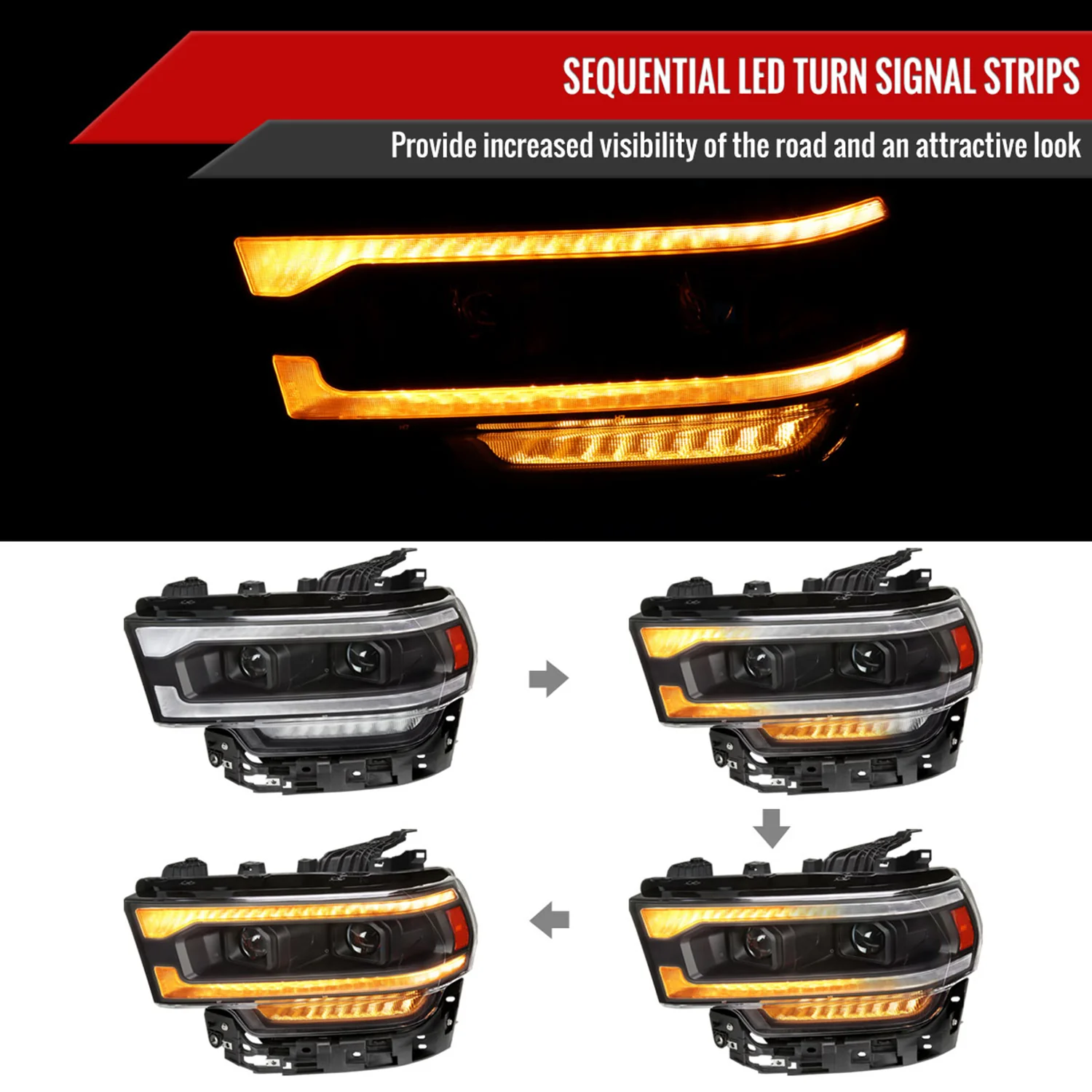 2019-2024 Dodge RAM 2500/3500/4500/5500 LED Signal Projector Headlights Black - Image 2