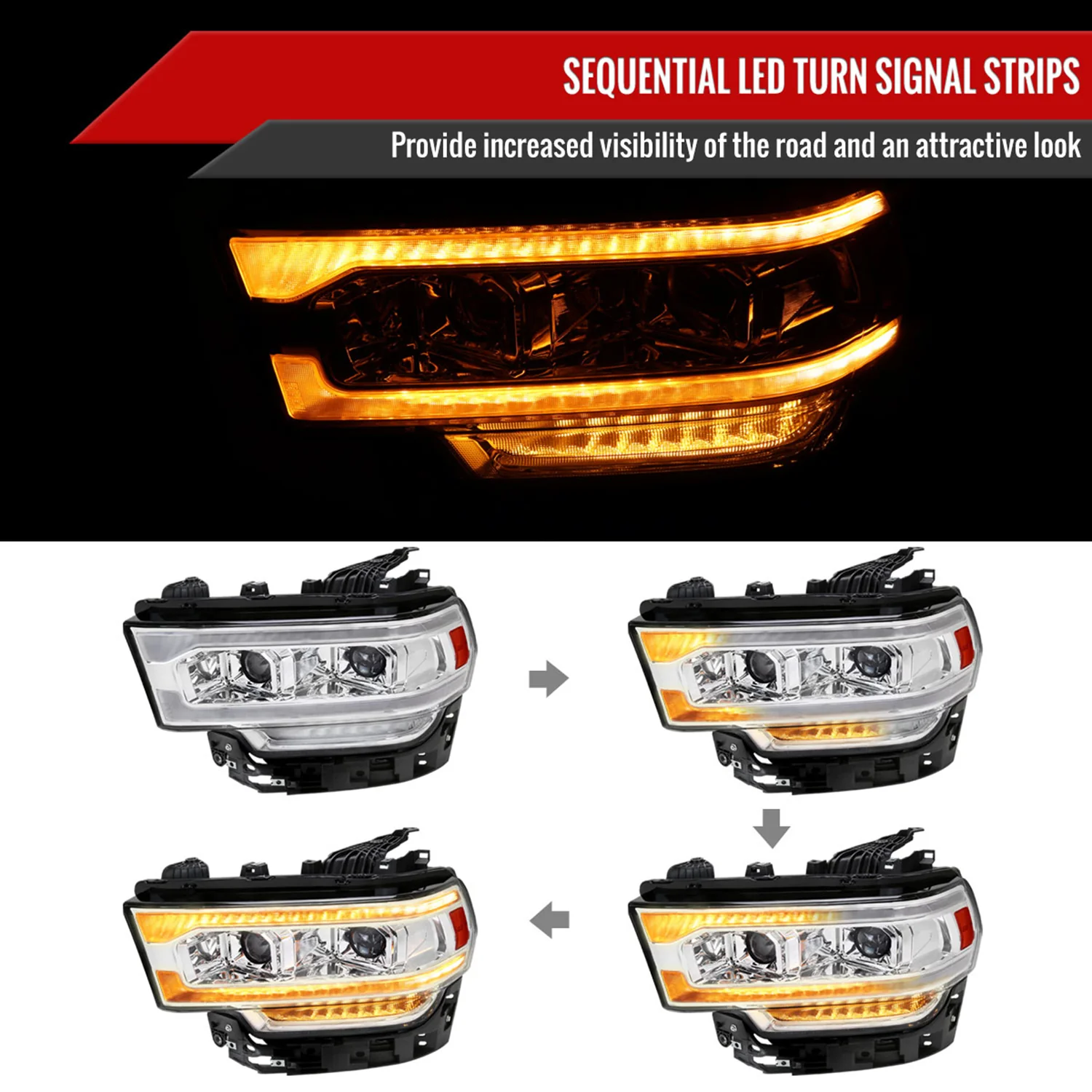 2019-2024 Dodge RAM 2500/3500/4500/5500 LED Signal Projector Headlights Chrome - Image 2