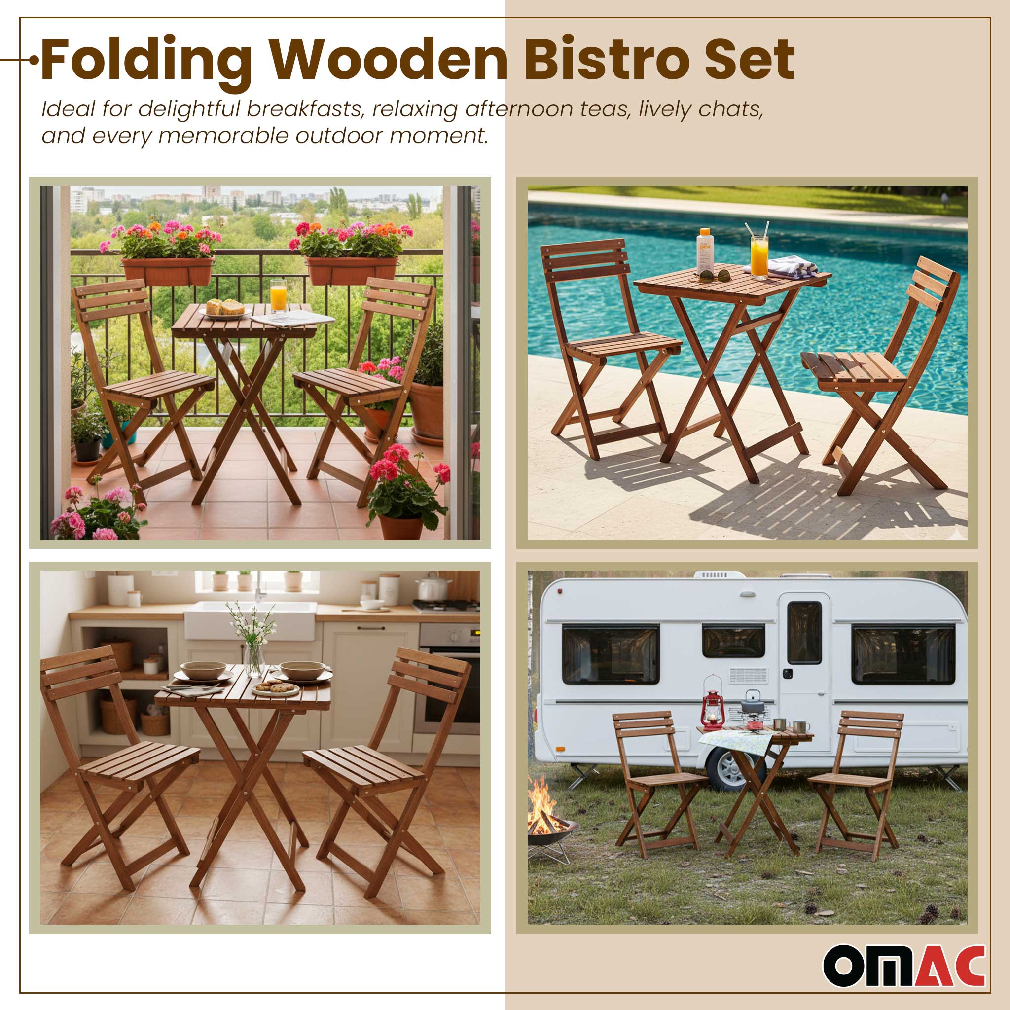3Pcs Folding Wooden Bistro Set Dining Indoor Outdoor Furniture BBQ Picnic Party - Image 2