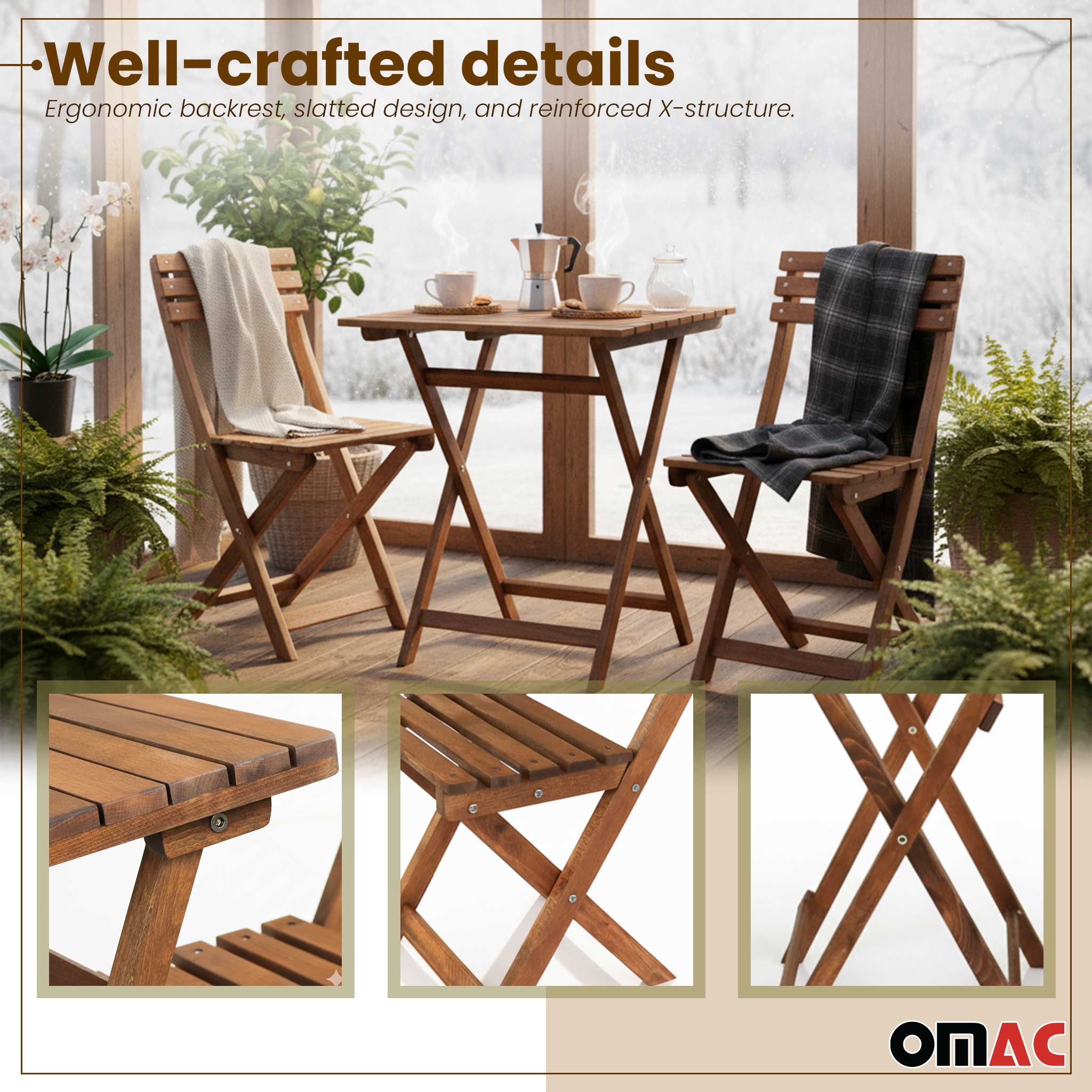 3Pcs Folding Wooden Bistro Set Dining Indoor Outdoor Furniture BBQ Picnic Party - Image 6