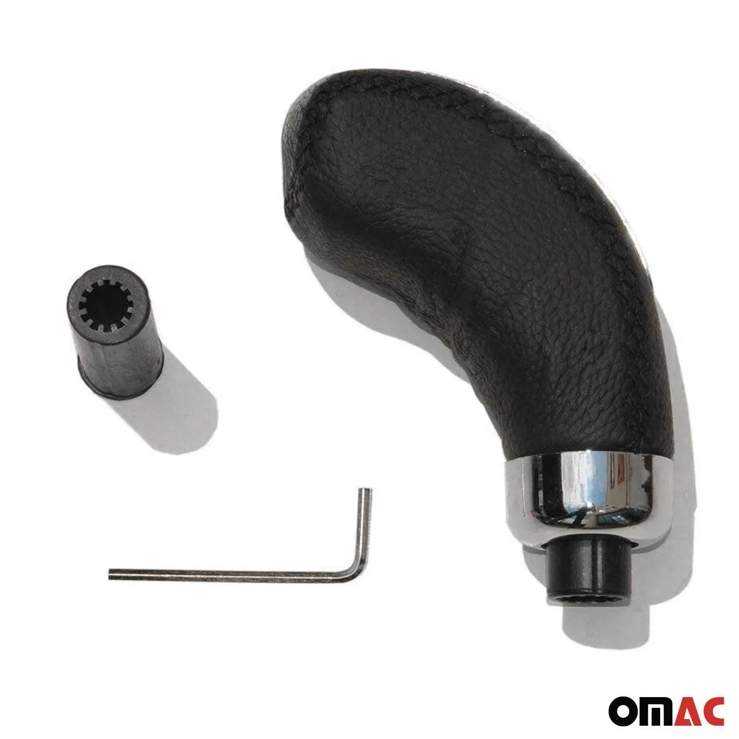Black PU Leather Black Stitching Chrome Auto Car Gear Shift Knob Shifter Handle - Image 4