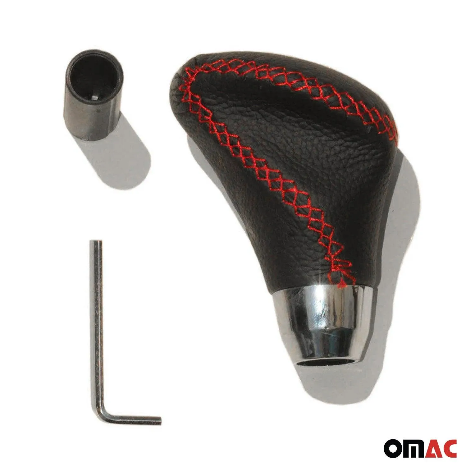 Black PU Leather Red Stiching Chrome Auto Car Gear Shift Knob Shifter Lever - Image 3