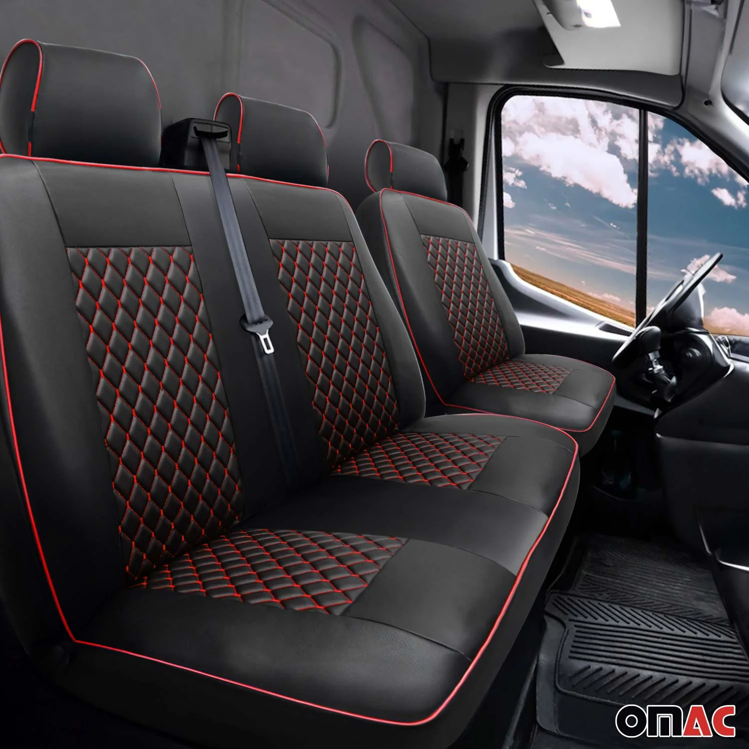 2015-2026 Ford Transit Leather Front Car Seat Covers Protector Black Red - Image 2