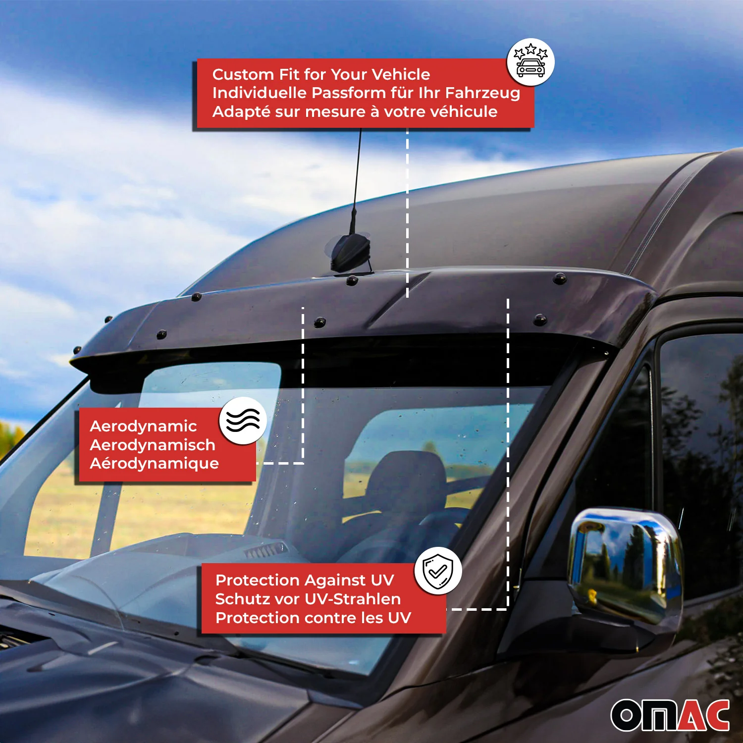 2014-2018 Mercedes Sprinter W906 Sun Visor & Bug Shield Hood Deflector Kit 2Pcs Smoke - Image 6