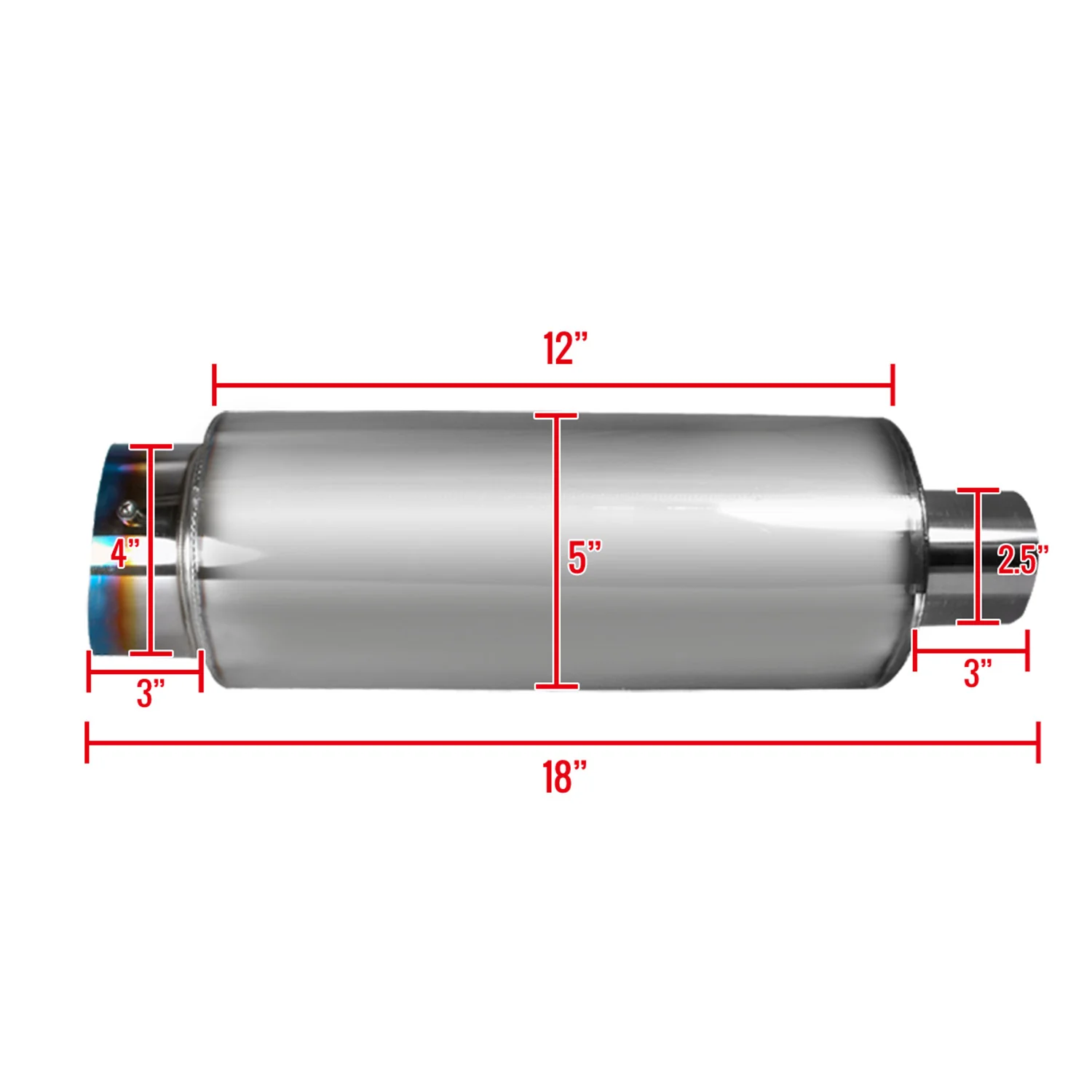 Universal 2.5" Inlet/4" Outlet S. Steel Muffler w/ Fireball Style Burnt Tip - Image 3