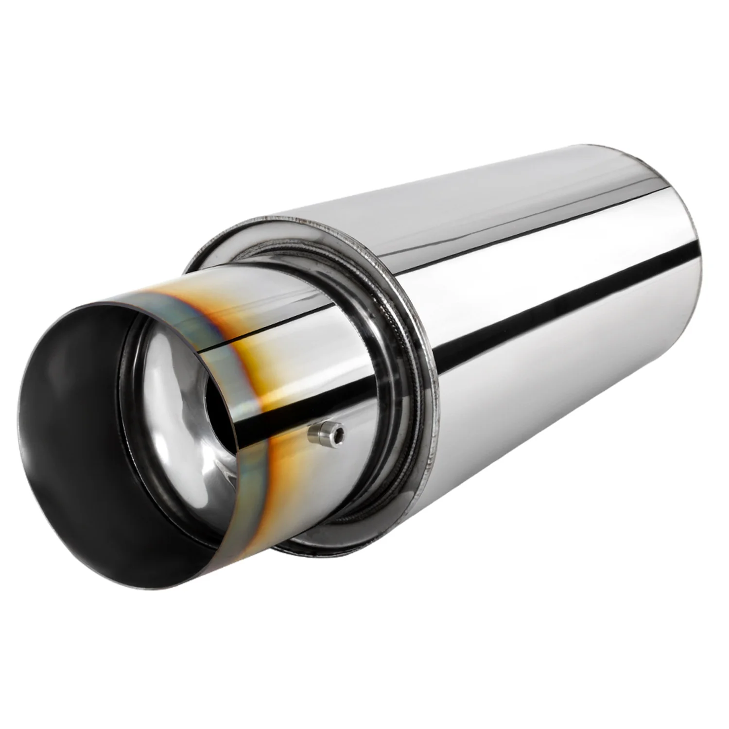 Universal 3" Inlet/4" Outlet S.Steel Spiral Flow Exhaust Muffler w/ Burnt Tip