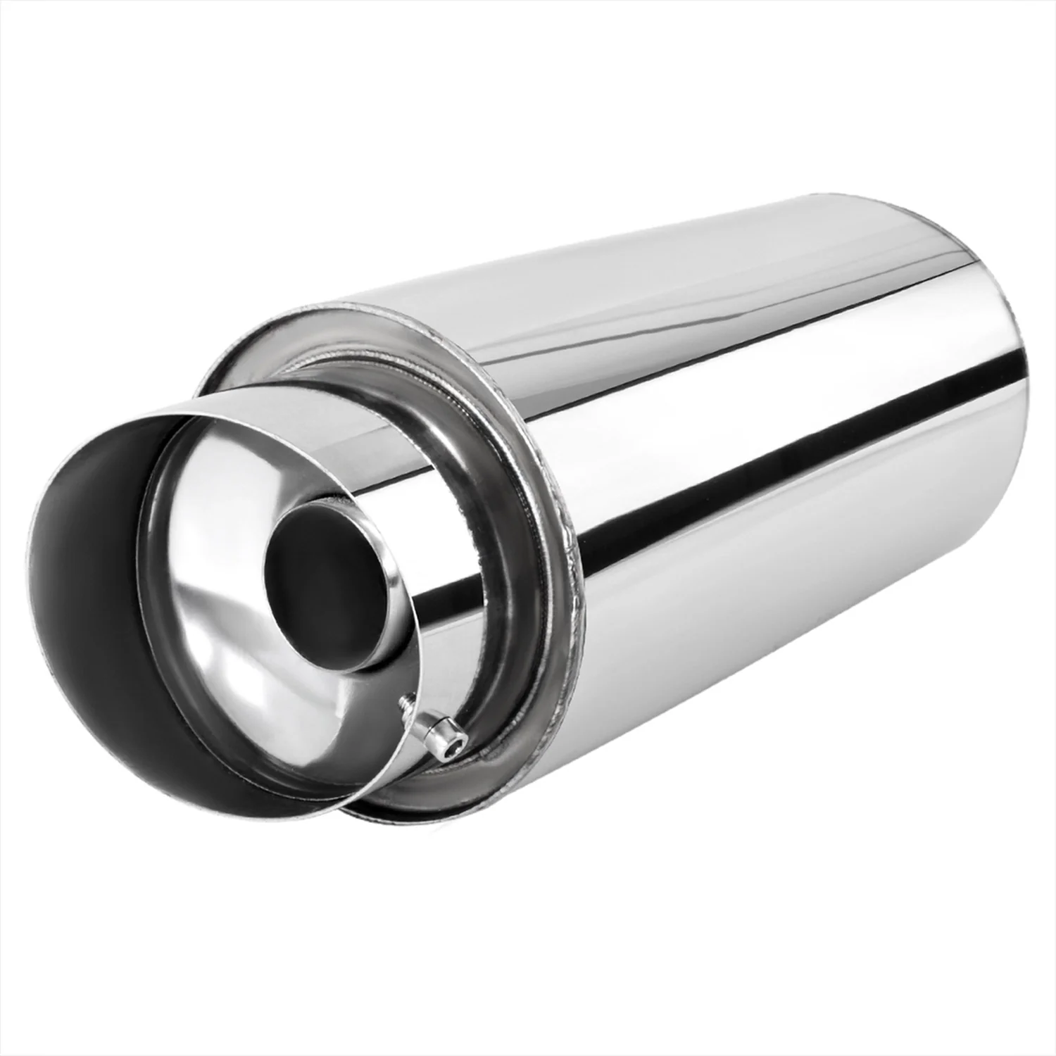Universal 3" Inlet/4" Outlet S.Steel Spiral Flow Exhaust Muffler w/ Slanted Tip