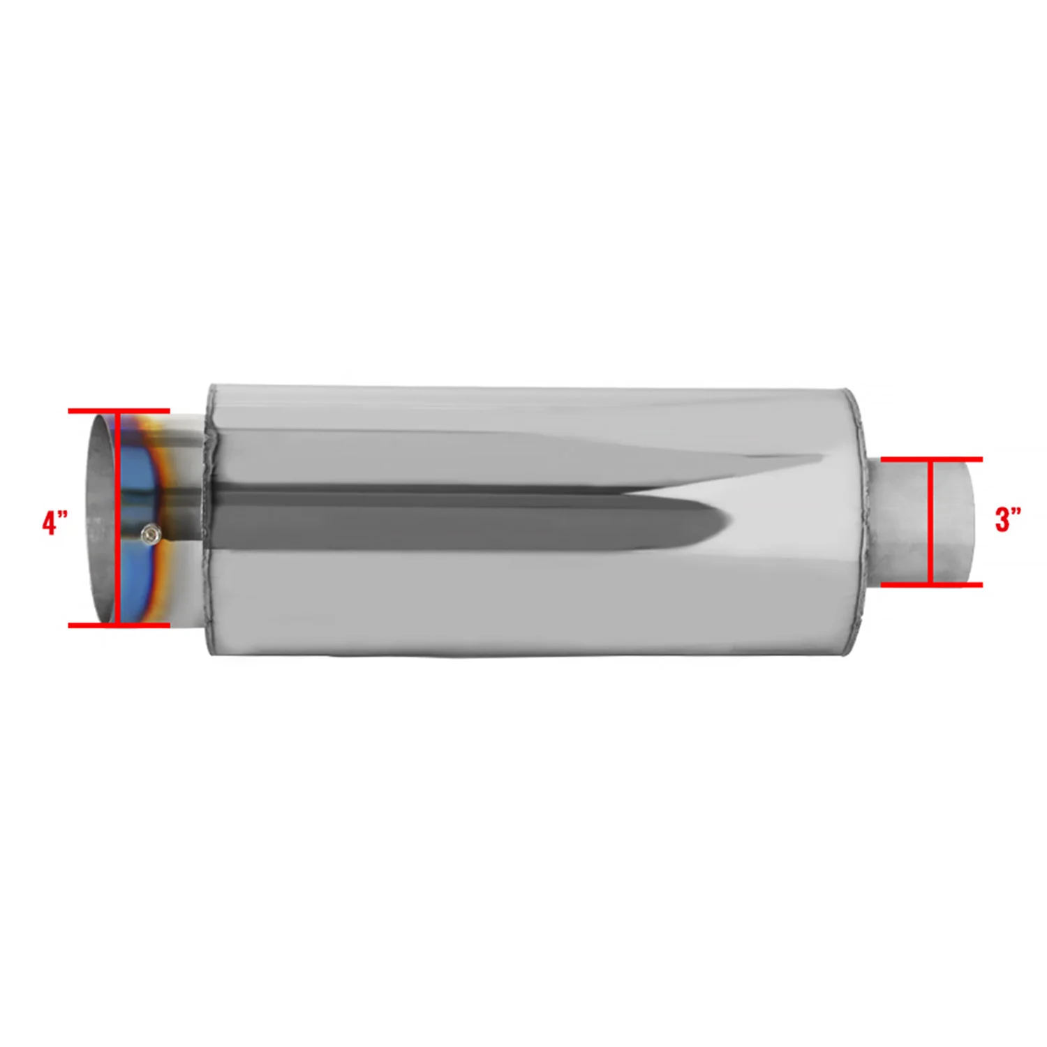 Universal 3" Inlet/4" Outlet Steel Spiral Flow Exhaust Muffler Burnt Tip - Image 2