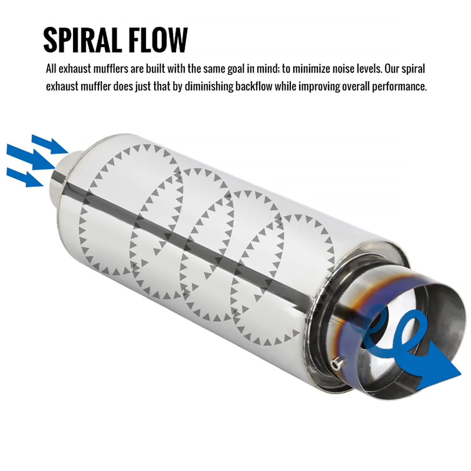 Universal 3" Inlet/4" Outlet Steel Spiral Flow Exhaust Muffler Burnt Tip - Image 4