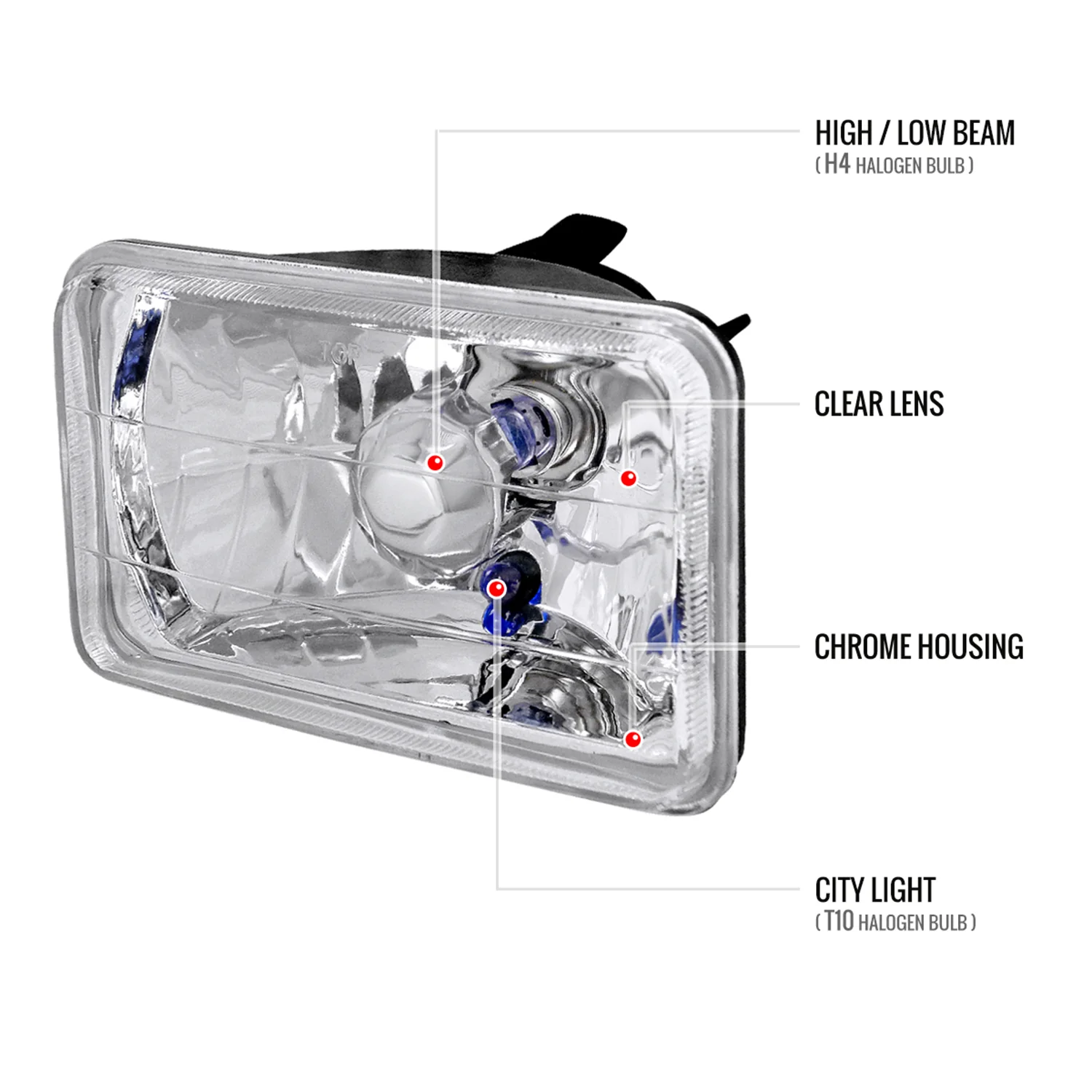 Universal 4"x6" H4 Crystal Headlights Chrome Housing/Glass Lens - Image 6