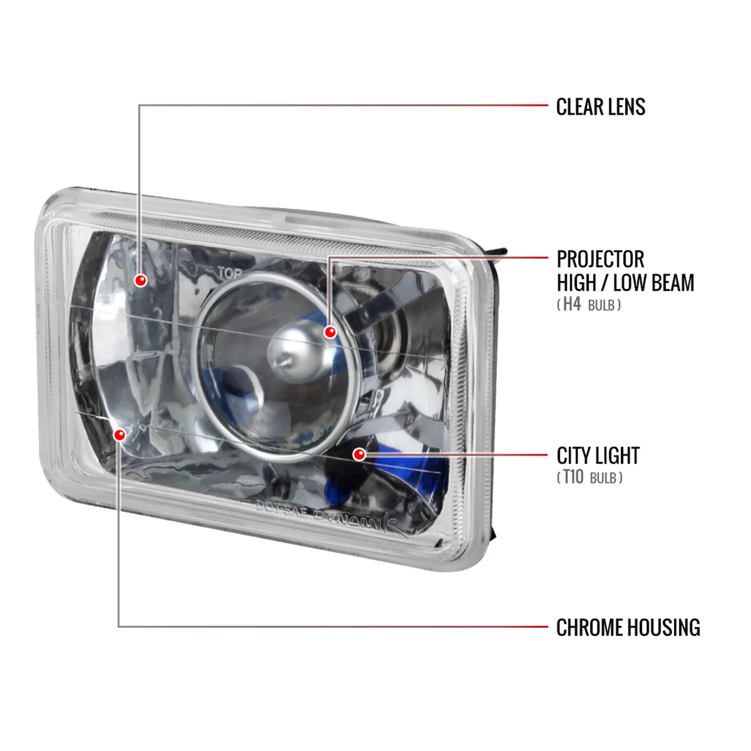 Universal 4"x6" H4 Projector Headlights Chrome Housing/Glass Lens - Image 8