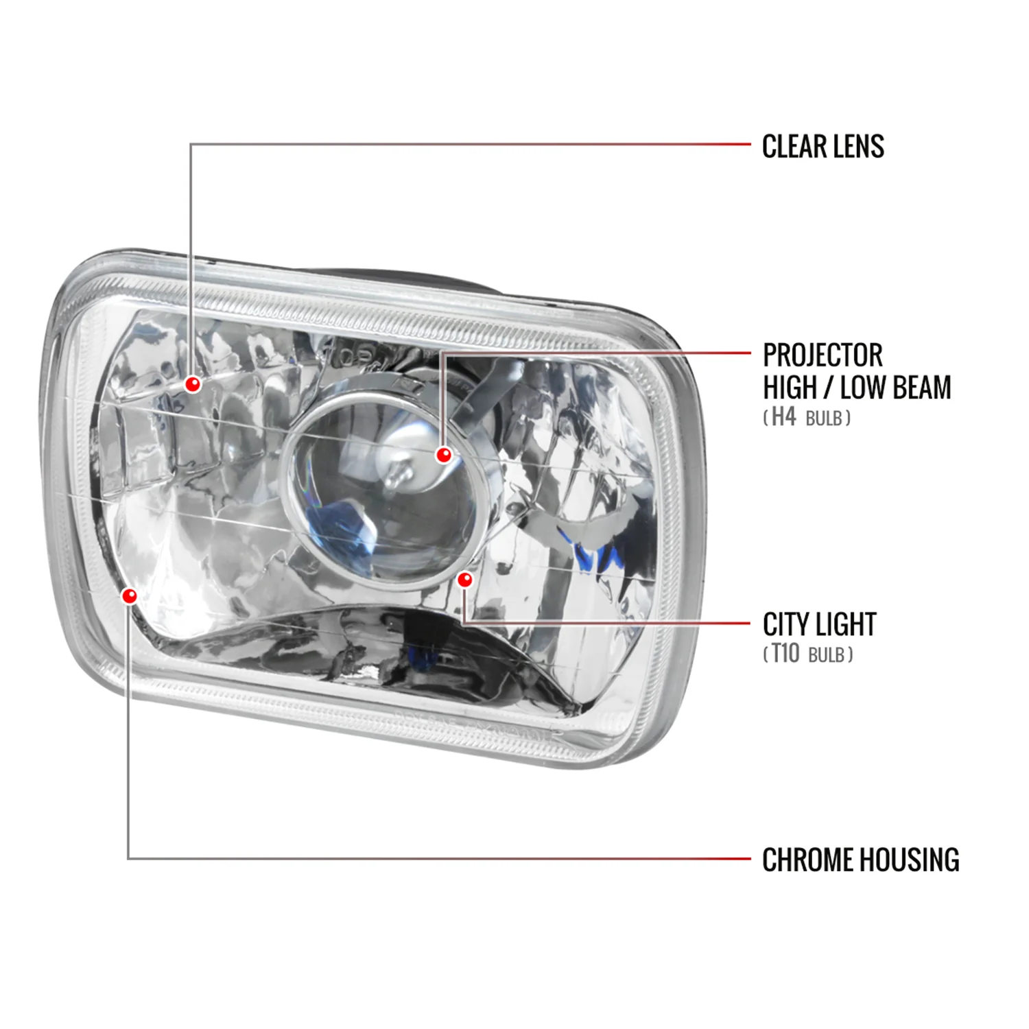 Universal 7"x6" H4 Projector Headlights Chrome Housing/Clear Lens - Image 8
